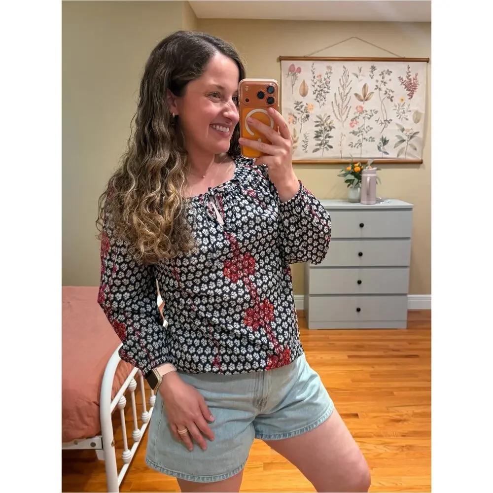 J. Crew Navy Floral Peasant Blouse with Red and White Motif Floral 2